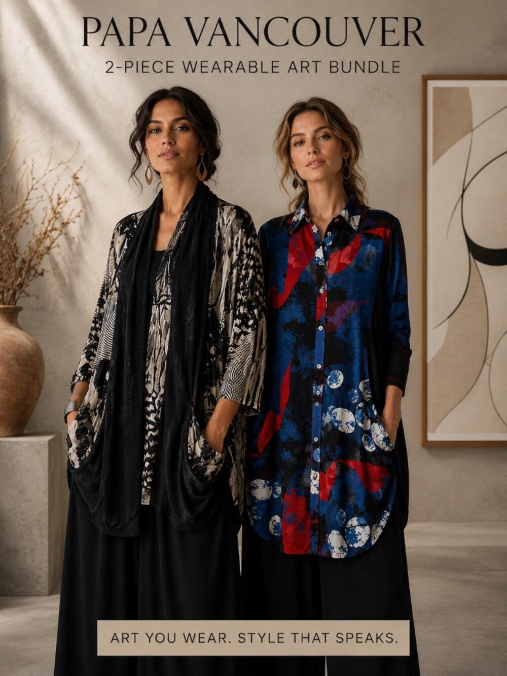 Papa Vancouver Wearable Art Top Bundle M/L Abstract Tunic Pocket Cardigan Set
